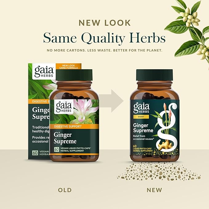 Gaia Herbs Ginger Supreme - Supports Healthy Digestion &amp Relieves Occasional Nausea* - with Organic Ginger Root &amp Turmeric Root - 60 Vegan Liquid Phyto-Caps (60 Servings)