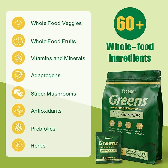 Greens Daily Gummies Superfood Fruits and Veggies Blend with Spirulina Chlorella Prebiotics &amp Fiber Adaptogens Multivitamin Supplement for Women &amp Men Digestive Health Non-GMO 240 Count