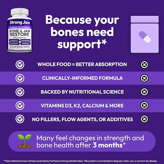 Bone &amp Jaw Restore – Calcium Supplements with Vitamin D3 K2 &amp Magnesium | Non-GMO | Bone Builder &amp Nutrition Support for Women &amp Men | Density Support Formula | 180 Capsules Bottle