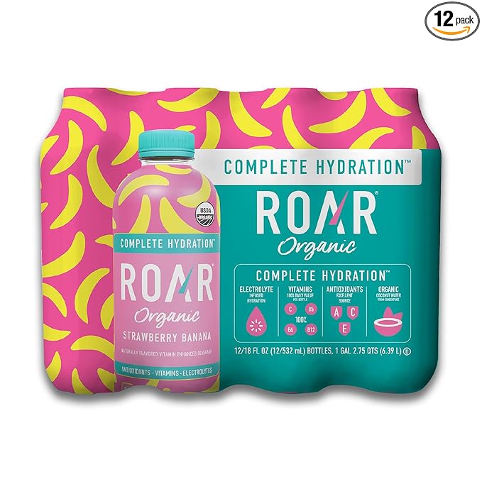Roar Complete Hydration Organic - Electrolyte Drinks Loaded with Vitamins C B5 B12 - Non-GMO Gluten-Free - Strawberry Banana - 12 pc