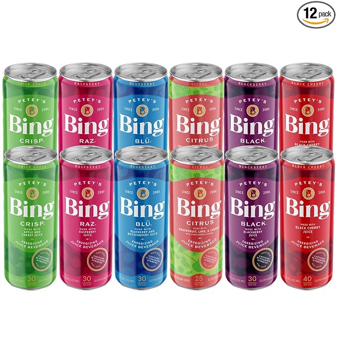 BING Energizing Juice Beverage – VARIETY All 6 Flavors (12oz/12pk) – Made with REAL Juice! Low Calorie 5 B-Vitamins &amp Ginseng 100-125mg Caffeine Vegan Gluten + Dairy Free. Incredibly DELICIOUS