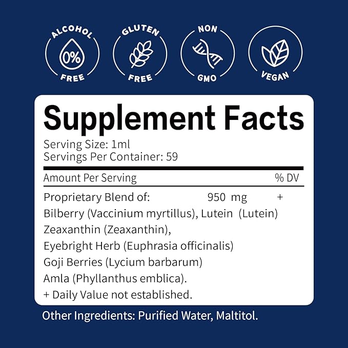 Bilberry Extract Supplement for Eye Health 6-in-1 Herbal Formula Liquid Drops to Support Eye Strain Dry Eyes and Vision Health Blend with Lutein Zeaxanthin &amp Eyebright Herb. 2oz