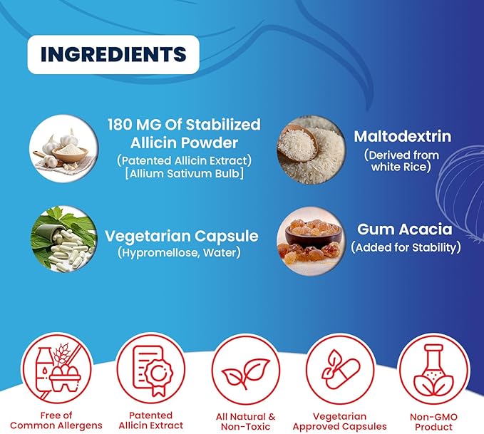 Potent Allicin Odor Controlled Garlic Supplement by Mega Allicin|180000mcg (180mg) Veggie Capsules with Immune Support Gluten-Free (90 Count)