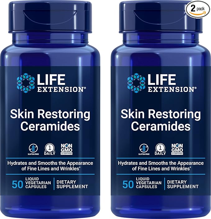 Life Extension Skin Restoring Ceramides 50 Liquid Veg Caps (Pack of 2) - Non-GMO Vegetarian Phytoceramide Supplement