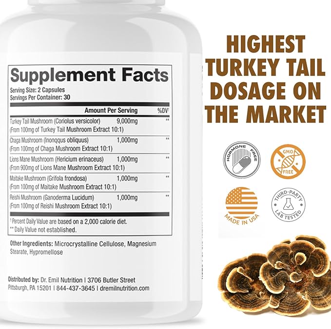 DR. EMIL NUTRITION Turkey Tail Mushroom Capsules - Turkey Tail Mushroom Supplement for Immunity &amp Gut Health - Elite Formula with Lion's Mane Chaga Reishi &amp Maitake