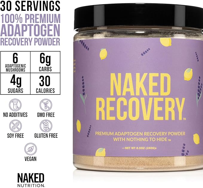 NAKED Recovery - Mushroom Supplement Powder - Lions Mane Cordyceps Reishi Tart Cherries Lemon Balm - Adaptogen Wellness Formula Stress Relief Muscle Recovery - 30 Servings