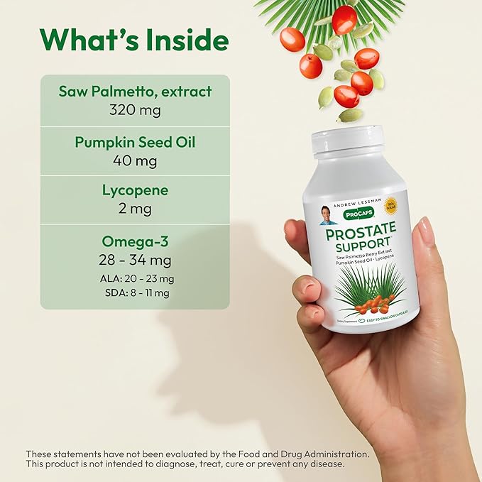 ANDREW LESSMAN Prostate Support Supplement for Men's Health 60 Softgels No Additives - Saw Palmetto for Men Pumpkin Seed Oil Lycopene Omega-3 for Prostate Health Urinary Bladder Function