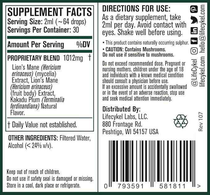 Lifecykel Lion's Mane Mushroom Extract w/Kakadu Plum- Memory Focus Clarity REM Sleep-100% Organic Mushrooms Brain Booster Nootropic Brain Supplement Focus Supplement Made in US 2 Fl oz (30 Servings)