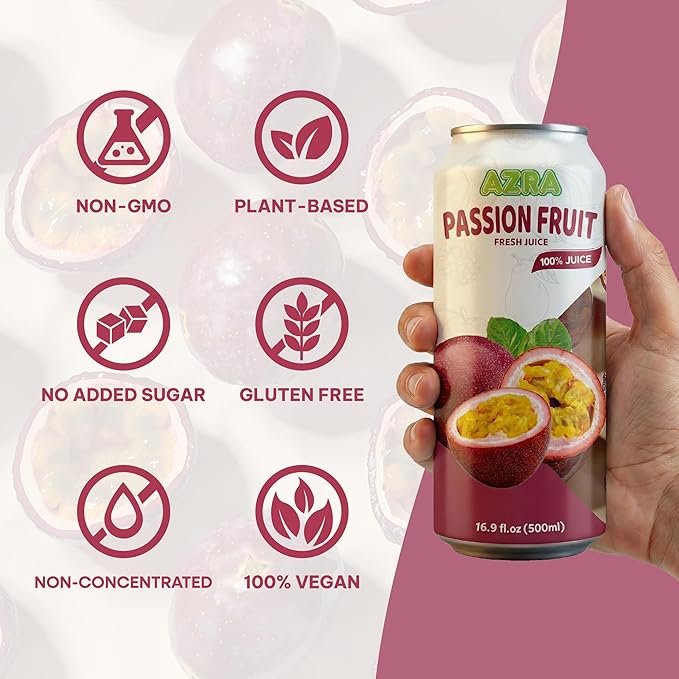 AZRA 100% Passion Fruit Juice 500 ml Can (Pack of 12) – Real Fruit Beverages with No Added Sugar – Healthy Drinks and Fresh Juice – Natural Passion Healthy Drink – 16.9 fl oz Cans