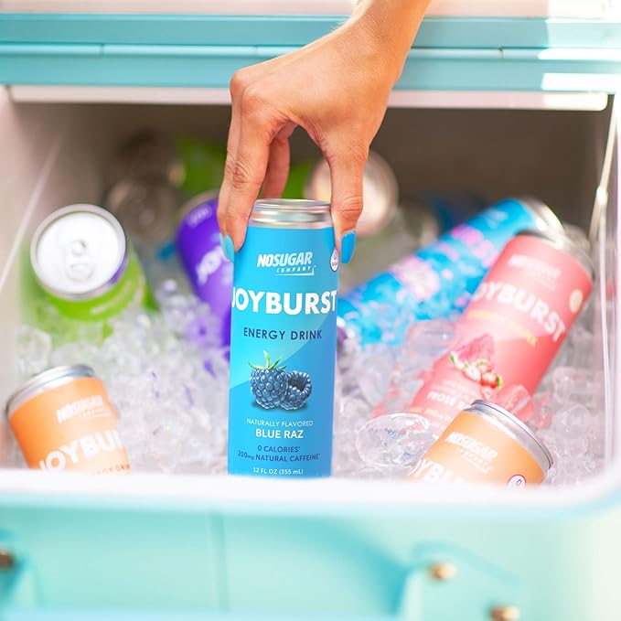 No Sugar Joyburst Energy Drink 0 Calorie 0 Sugar Sugar Free Energy Drink with Natural Caffeine Hint of Sweetness and Refreshing Sparkling Water - 12 Packs (Blue Raz)
