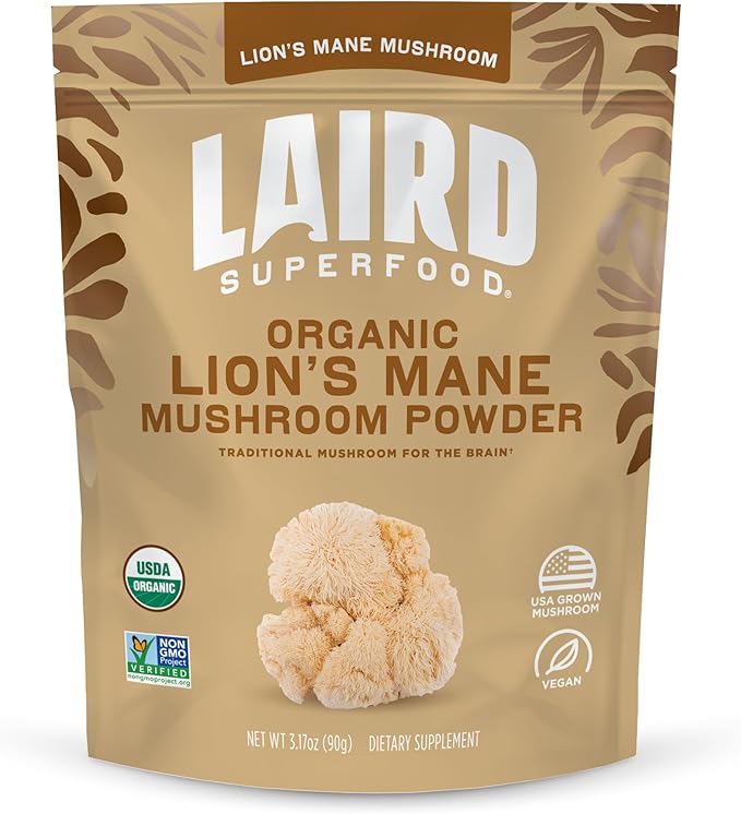 Laird Superfood Organic Lions Mane Mushroom Powder for Cognitive Function and Immune Support 3.17 oz. Bag Pack of 1