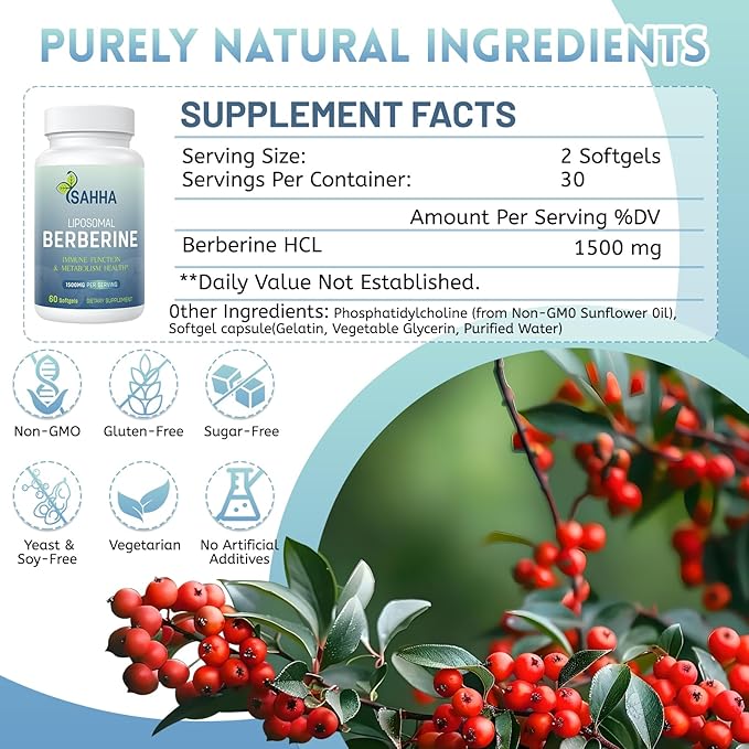 Sahha Liposomal Berberine HCL 1500mg High Bioavailability for Men and Women Overall Health Supplement