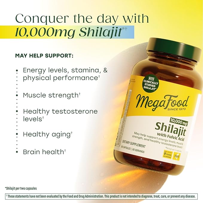MegaFood Shilajit 10000mg with Fulvic Acid - Shilajit for Men &amp Women - May Help Support Healthy Testosterone Levels Muscle Strength &amp Energy Levels - Vegan Gluten Free 60 Capsules 30 Day