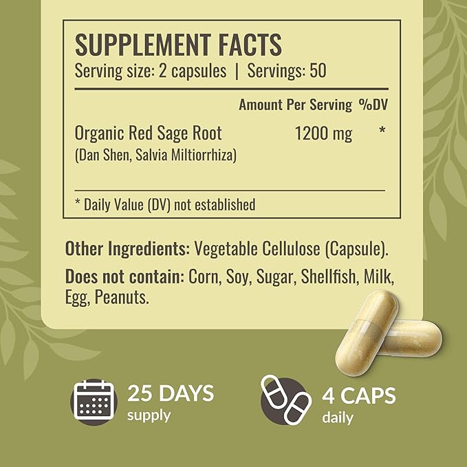 HERBAMAMA Red Sage Supplement Capsules - 1200mg Red Sage Root (Dan Shen) for Antioxidant Support - Vegan Non-GMO Salvia Miltiorrhiza Supplement