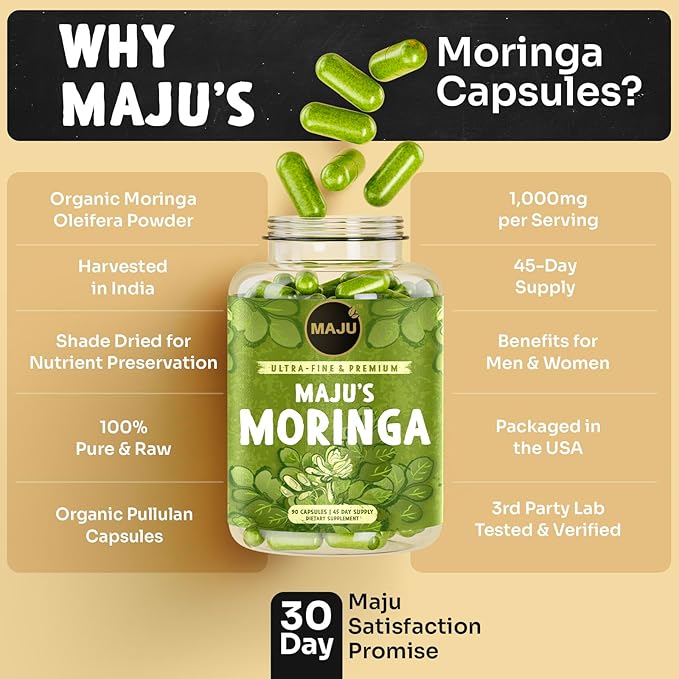Maju Superfoods Organic Moringa Capsules Oleifera Leaf Extra-Fine Quality Moringa Leaves Dried Drumstick Tree Leaves Organic Moringa Powder Extract Supplement Capsules from Plant (90 ct)
