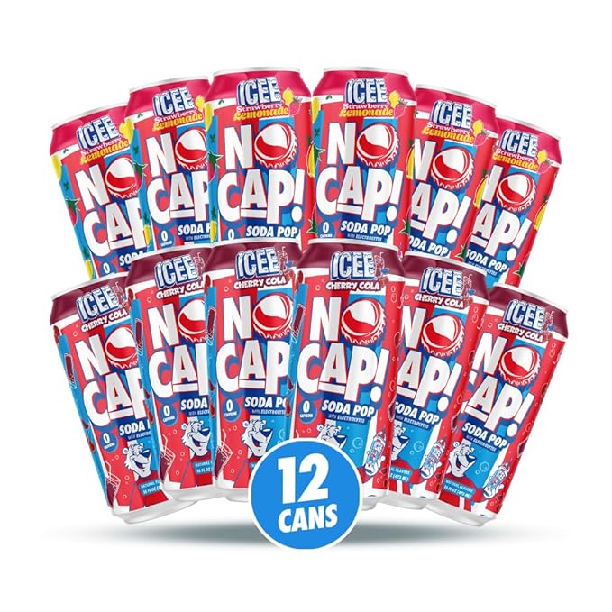 NO CAP! Next Gen Soda Pop Cherry Cola &amp Strawberry Lemonade Variety Pack Electrolytes for Hydration Zero Sugar Zero Calories Caffeine-Free Soda Vegan &amp Gluten-Free 16 oz Cans (12-Pack)