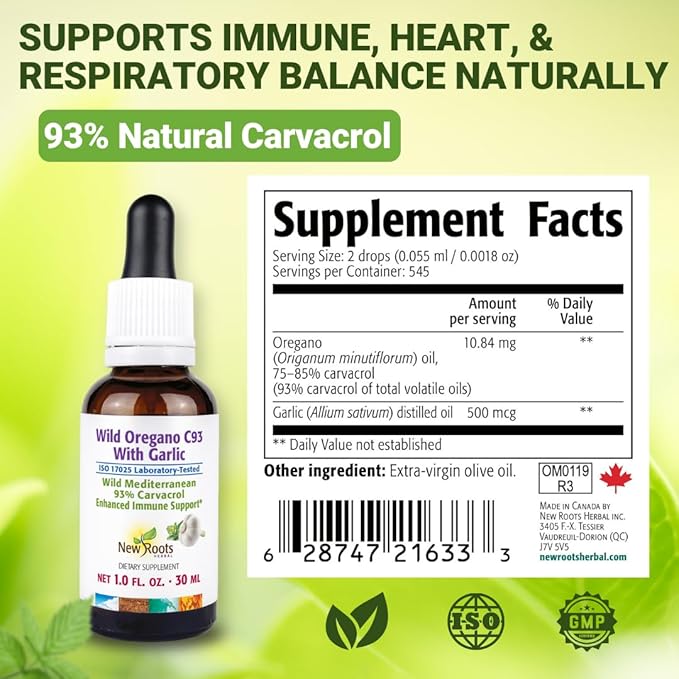 NEW ROOTS HERBAL Wild Oregano Oil Tincture with Garlic (1 fl oz) | 93% Carvacrol Oregano Oil Drops Enhanced Immune Support Supplement l Non GMO Vegan GMP Certified