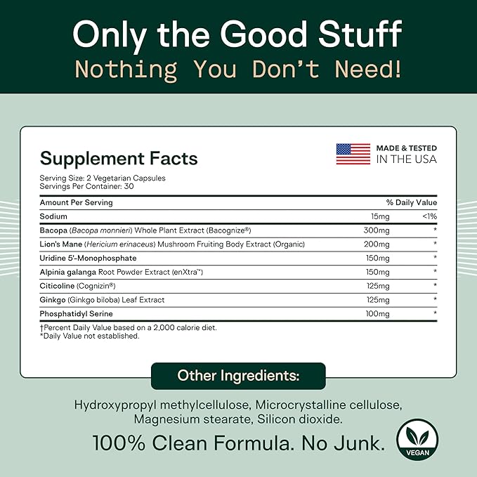 Adapt Naturals Luminous Mind Nootropic Brain Supplement with Ginkgo Biloba Bacopa and Lions Mane | Memory Focus Mental Clarity and Elevated Mood Support | No Caffeine Crash Free - 30 Days Supply