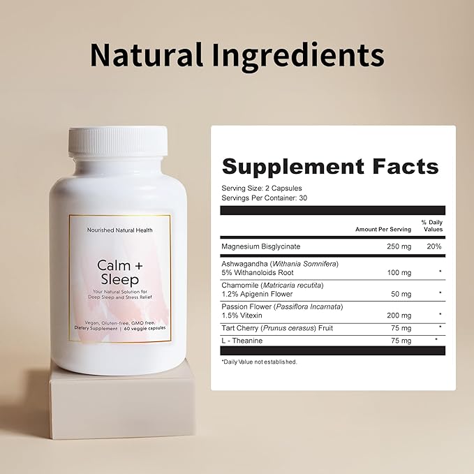 Nourished Natural Health Calm + Sleep – Relaxation &amp Melatonin-Free Sleep Supplement for Women Cortisol Support with Ashwagandha L-Theanine Magnesium &amp Valerian Root–Vegan &amp Non-GMO – 3