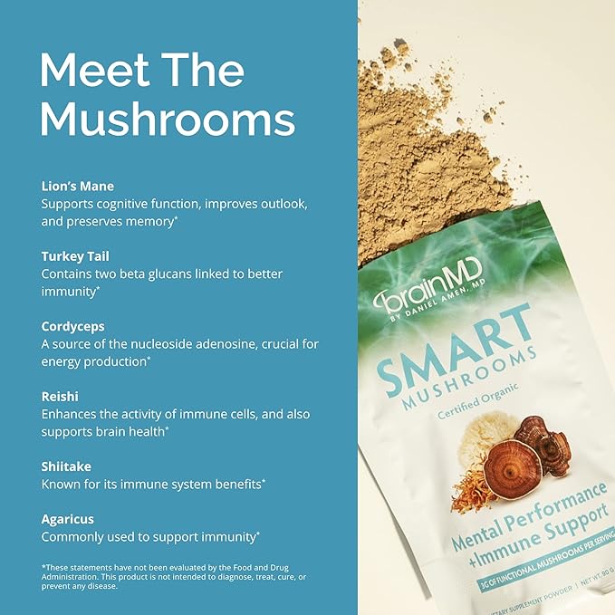 BRAINMD Dr Amen Smart Mushrooms - 3.2 oz - Mental Performance + Immune Support - Vegan GMO Free Gluten Free - 30 Servings