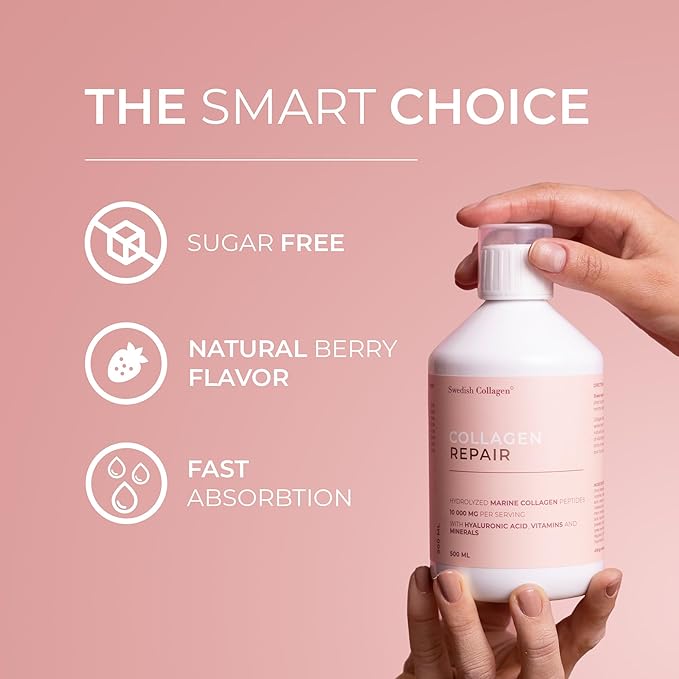 Swedish Collagen Repair | 10000 mg Hydrolyzed Marine Collagen Liquid Supplement - 500 ml 20 Day Supply I Hyaluronic Acid Biotin &amp Vitamin C for Healthy Hair Skin Nails &amp Joints | Sugar-Fr