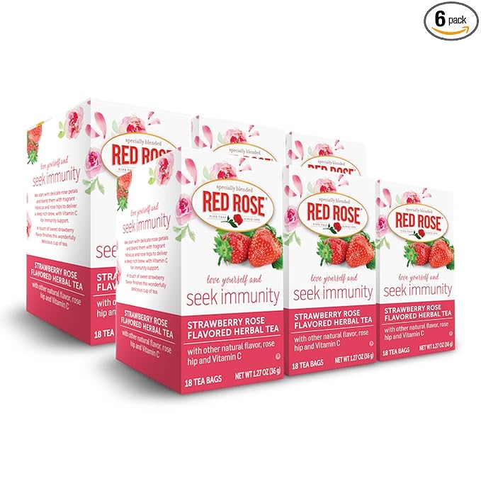 Red Rose Blossoms Strawberry Rose Blossom Herbal Tea with 18 Individually Wrapped Tea Bags Per Box (Pack of 6) Caffeine Free Brew Hot Naturally Flavored Herbal Tea