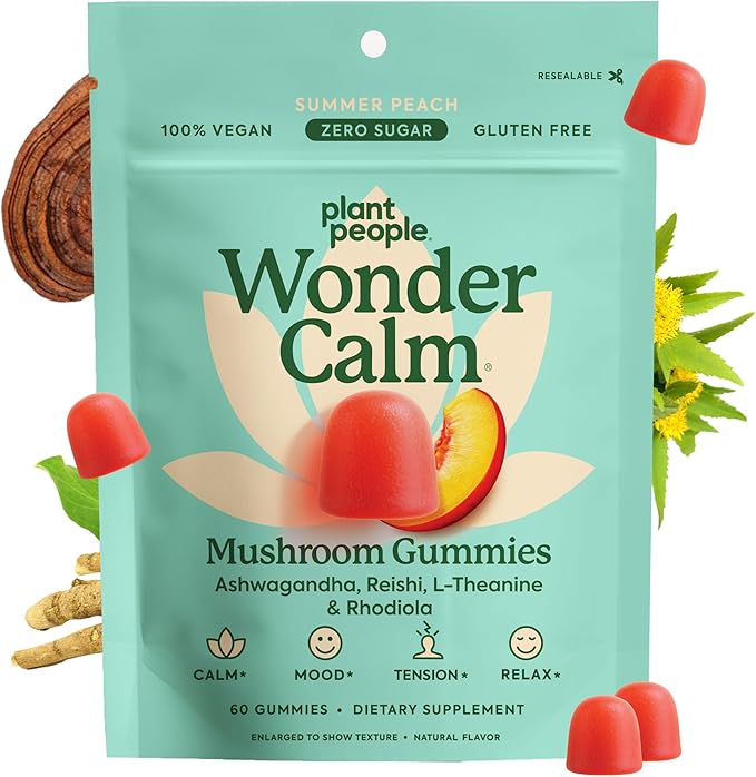 Plant People WonderCalm Mushroom Gummies - Natural Ashwagandha Supplement to Ease Stress &amp Boost Mood for Adults Without Sugar Gluten or Artificial Colors Vegan-Friendly Peach Flavor 60 Count