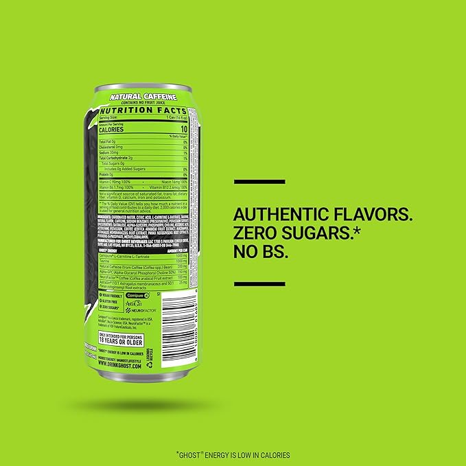 GHOST Energy Drink - 12-Pack Electric Limeade 16oz Cans - Energy &amp Focus &amp No Artificial Colors - 200mg of Natural Caffeine L-Carnitine &amp Taurine - Gluten-Free &amp Vegan