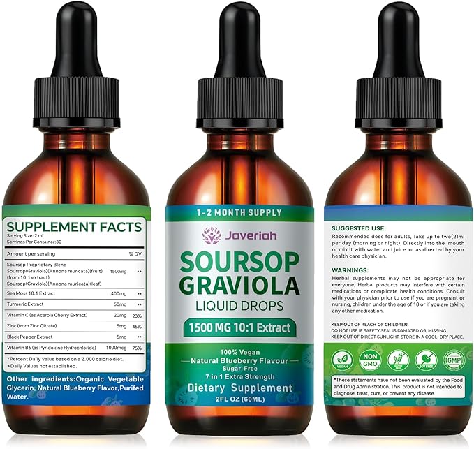 Soursop Bitters Liquid Drops Supplement with Irish Sea Moss &amp Turmeric for Cellular Support Immune System Boost Liver Health Soursop Graviola Liquid Leaves Extract 2 Month Supply 60ML