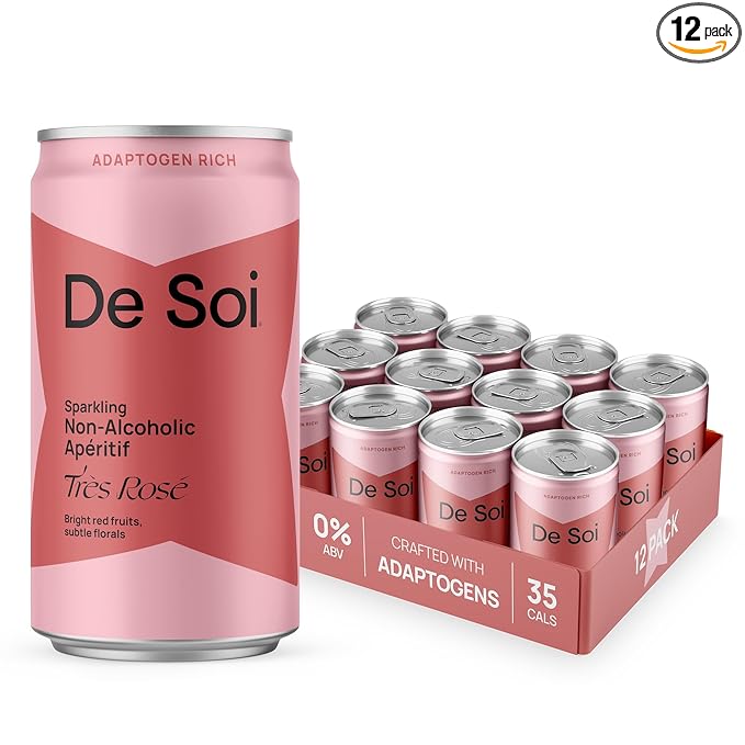 De Soi Très Rosé 12-Pack – Sparkling Non-Alcoholic Rosé-Inspired Drink with Adaptogens L-Theanine Lion’s Mane &amp Reishi Mushroom Elegant Mocktail &amp Alcohol Alternative