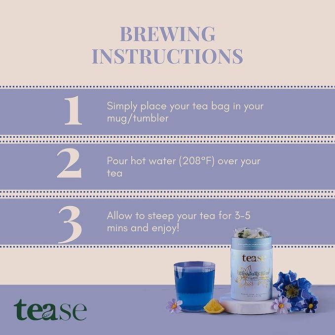 Tease Tea Butterfly Pea Tea - Blissfully Blue Stress Relief Herbal Tea Caffeine Free Tea Made with Butterfly Blue Pea Flowers and Ashwagandha Roots for a Moment of Calm and a Touch of Magic