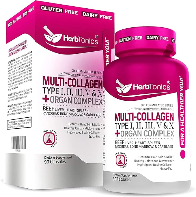 Herbtonics Multi Collagen Gummies with Multi Collagen Capsules Types I II III V &amp X Protein Peptides and Organ Complex Bundle