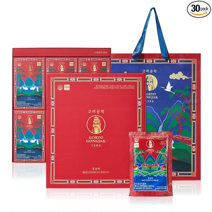 GORYO GONGJAK 1392 Korean Red Ginseng Herbal Energy Drink Made from 6 Year Old Roots | Premium Ginseng Extract | Caffeine Free | Vegan Friendly Korean Gift Set 50ml x 30 Pouches