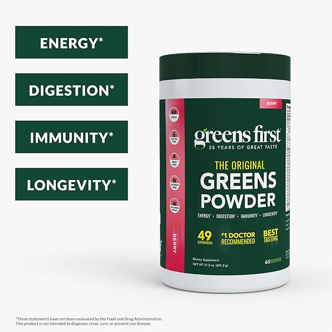 Greens First Original Greens Powder - 49 Superfoods - Organic Fruits &amp Veggies - Prebiotics Probiotics &amp Digestive Enzymes - Antioxidant Smoothie - Dairy Free Vegan &amp Non-GMO (Berry 60