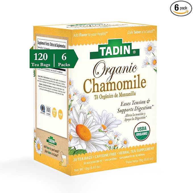Tadin Organic Chamomile Tea Caffeine Free Herbal Tea to Eases Tension and Support Digestion 20 Tea Bags Per Box Pack of 6