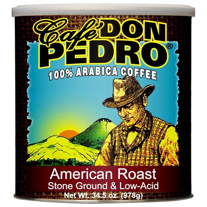 Cafe Don Pedro American Roast Naturally Low Acid Coffee - 34.5 Ounce Large Can for Coffee Lovers with Sensitive Stomachs - Delicious Smooth Flavor Medium Roast Stone Ground Coffee