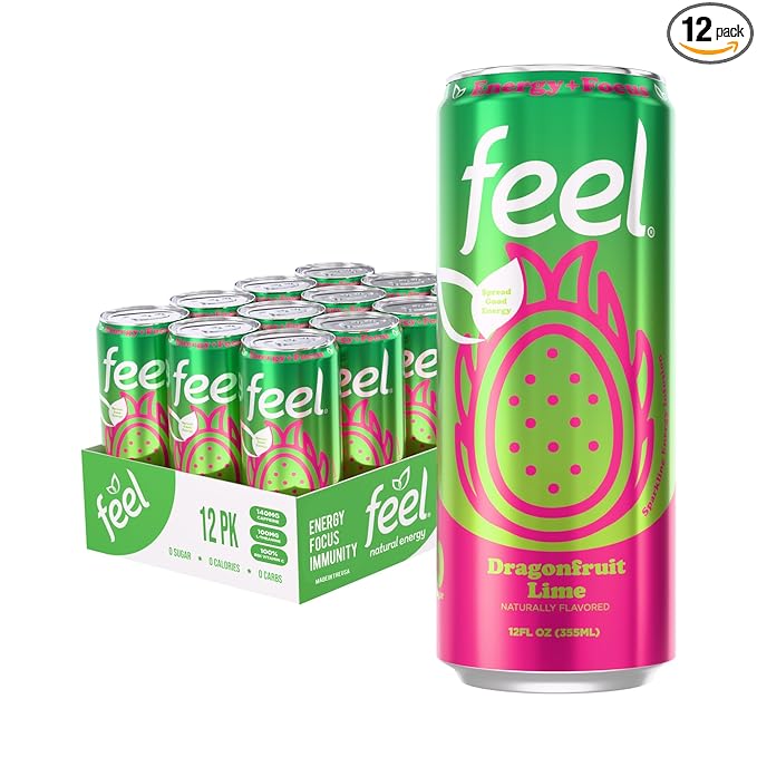 FEEL Zero Sugar Natural Energy Drink – Dragonfruit Lime 140 mg Plant-Based Caffeine with L-Theanine for Focus &amp Vitamin C for Immunity Vegan Non-GMO No Artificial Sweeteners 12 Fl Oz Cans (12