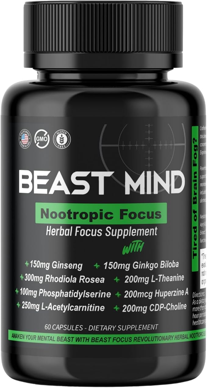 Beast Mind Focus Clarity Nootropic Blend | Ginkgo Biloba | Huperzine A | Rhodiola | Citicoline | L-Theanine | Enhanced Focus &amp Clarity &amp Cognitive Function Labs