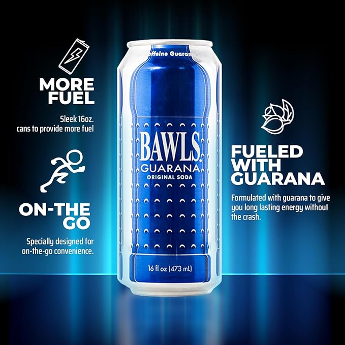 BAWLS Guarana Original Guarana Fueled Soda for Energy High Energy Caffeinated Drink - 16oz 12 Pack Cans
