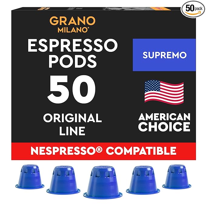 Grano Milano Supremo - 50 Espresso Pods Compatible with Nespresso Original line Dark Roast - Intensity 11/12 Coffee Capsules Made in Italy Espresso Coffee