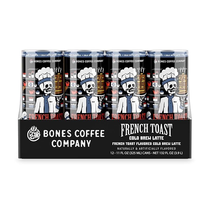 Bones Coffee Company French Toast Latte Sweet and Buttery Flavored Coffee Medium Roast Ready To Drink Iced Coffee in Can 11 Fl Oz Can (12 Pack)