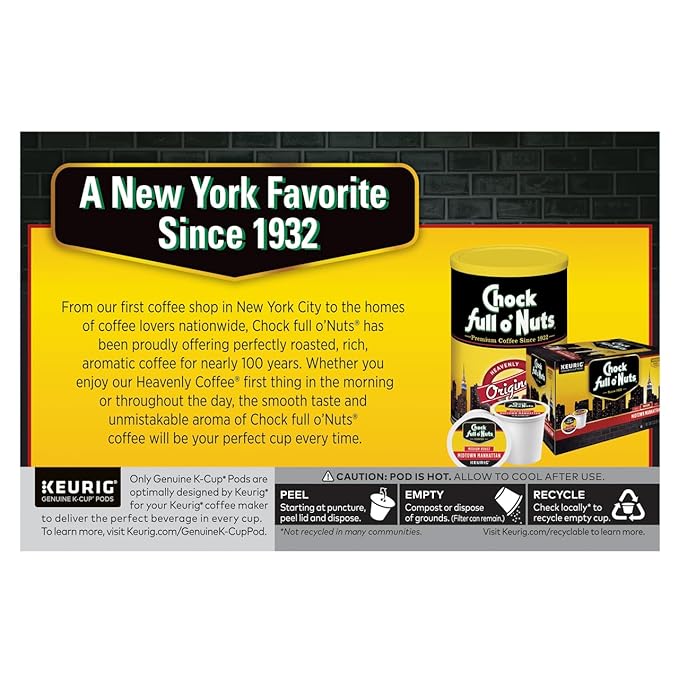 Chock Full o'Nuts Heavenly Hazelnut Coffee Compatible with K-Cup Pods 12 CT (Pack of 3)