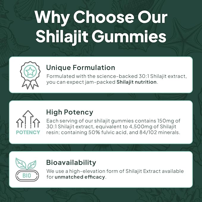 Organics Ocean Shilajit for Men and Women - Natural Supplement with Vitamin B12 Chromium and Selenium for Age-Defying Energy Hormone Support and More - 60 Shilajit Gummies