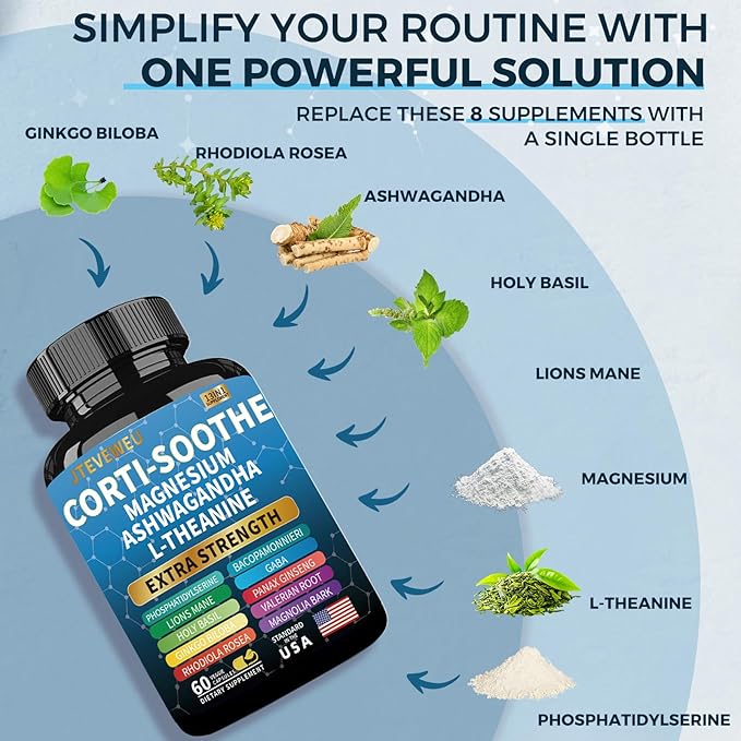 Corti-Soothe Cortisol Supplement for Women and Men with Magnesium Glycinate 200mg L-Theanine 150mg Phosphatidylserine 50mg &amp Manager Holy Basil Ginkgo Biloba Bacopa Monnieri Valerian 60 Capsules