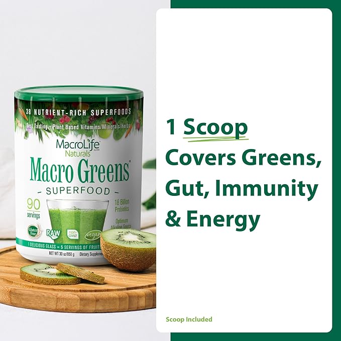 MacroLife Macro Greens Powder 38 Superfood Probiotics Antioxidants Digestive Enzymes &amp Adaptogen Supplement - Daily Super Green Juice &amp Smoothie Mix - Non-GMO Vegan Gluten-Free - 30 oz (90 Ser