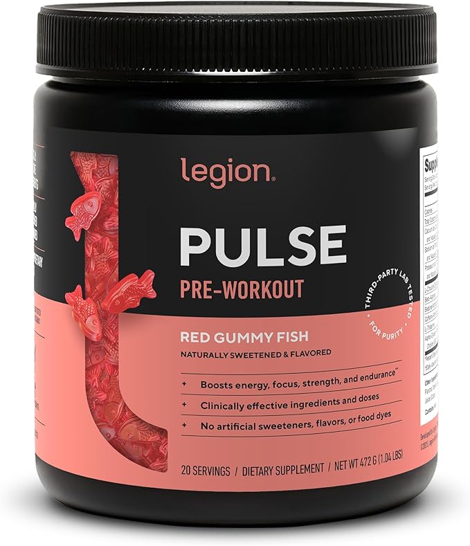 LEGION Pulse - All Natural Nitric Oxide Preworkout Drink to Boost Energy Creatine Free Naturally Sweetened Beta Alanine Citrulline Alpha GPC (Red Gummy Fish)