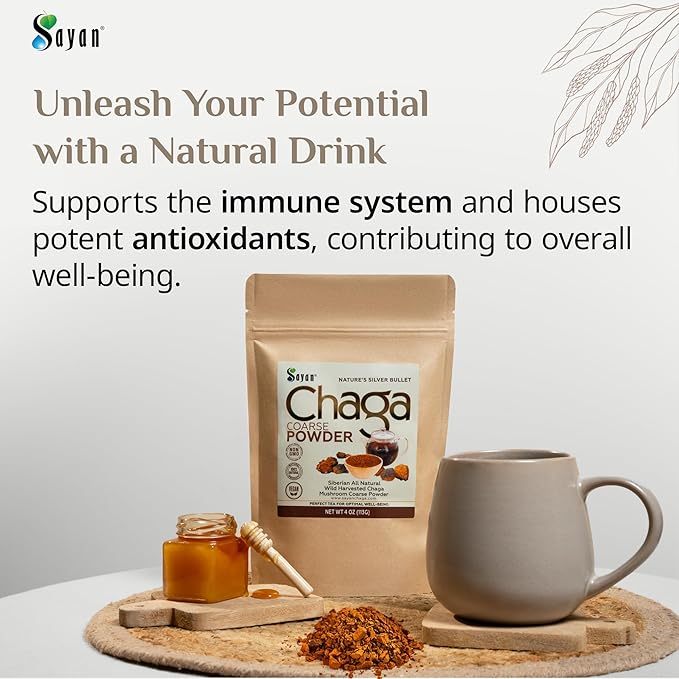 Sayan Siberian Pure Raw Coarse Chaga Powder 4 Oz / 113g – Premium Wild Forest Harvested Super Antioxidant Tea – Supports Immune System and Digestive Health – Focus Energy Clarity Wellness - Non-GMO