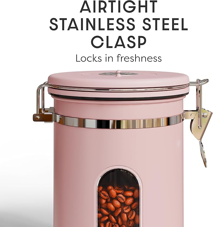 Veken Coffee Canister with Window Easter Gifts Airtight Stainless Steel Container with Lids Home Kitchen Food Storage Jars for Grounds Beans Tea Flour Cereal Sugar Basket Scoop 22OZ Pink