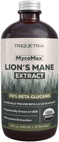 MycoMax Lions Mane Extract - 70% Beta Glucans Max Potency Organic Lions Mane Supplement US Grown + Ultrasonic Extraction - 500 mg per serving - Mental Clarity Focus and Memory - 8 oz.