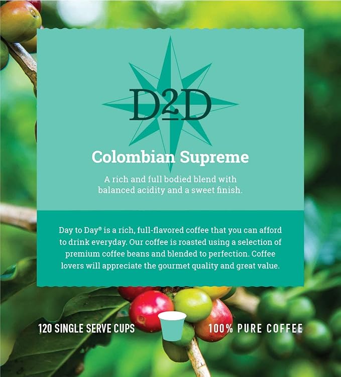 Day To Day Coffee Colombian Supreme Medium Roast Coffee Pods 120 Count Compatible with Keurig K-Cup Brewers Timeless Colombian Coffee